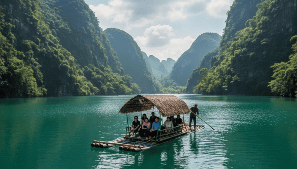When the summer rains arrive, the valley transforms into a massive inland lake, turning Nui Thung into a water-world paradise